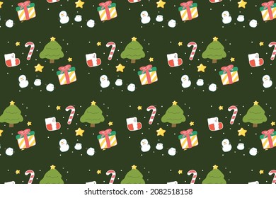 Elementos de Navidad lisos; Hombre de nieve, regalo, calcetín de Navidad, estrella y dulces en un fondo oscuro. Concepto del festival de Navidad. Patrón de impresión, papel de envoltura, fondo web, tarjeta de saludo.