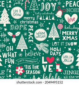 Cute Christmas Elements And Typography Design Seamless Pattern.