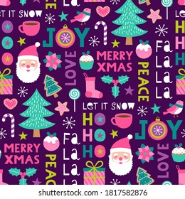Elementos de navidad de corte con tipografía de diseño sin fisuras.