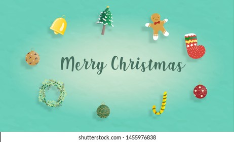 Cute Christmas elements vector around Merry Christmas word on the green mint color background. Aim use for wallpaper, banner, and printing. 