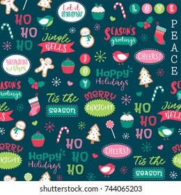 Cute christmas elements and words seamless pattern background