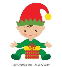 Cute  Christmas elf baby boy  vector cartoon illustration