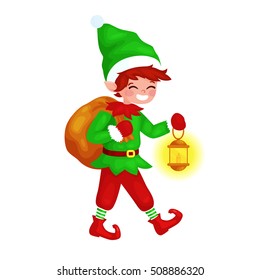 Cute  Christmas elf  with bag full of gifts. Santa  helper