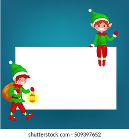 Cute  Christmas elf  with bag full of gifts. Santa helper. Greeting Card