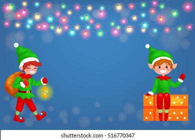 Cute  Christmas elf with bag full of gifts. Santa helper. Greeting Card vector illustration