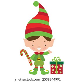 Cute Christmas elf boy with candy cane vector cartoon flat style illustration