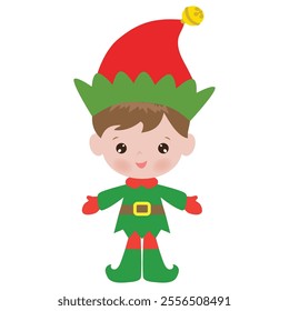 Cute Christmas elf boy with candy cane vector cartoon flat style illustration