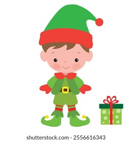 Cute Christmas elf boy with candy cane vector cartoon flat style illustration