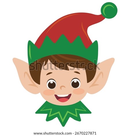 Cute Christmas elf boy face vector cartoon flat style illustration