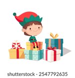 Cute Christmas elf boy sitting on Christmas gifts decorated with bows. Happy cute little boy in green elf costumes and pile of gifts
