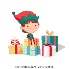 Cute Christmas elf boy sitting on Christmas gifts decorated with bows. Happy cute little boy in green elf costumes and pile of gifts
