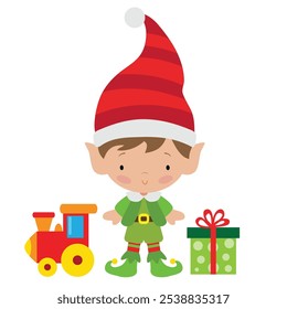 Cute Christmas elf boy vector cartoon flat style illustration