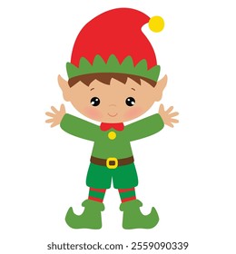 Cute Christmas elf boy vector cartoon flat style illustration