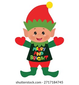 Ilustración de estilo plano de dibujos animados de Vector de niño elfo de Navidad lindo
