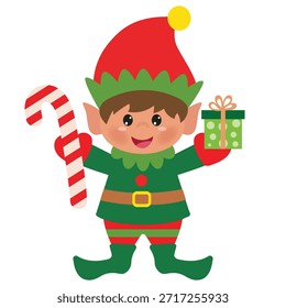 Ilustración de estilo plano de dibujos animados de Vector de niño elfo de Navidad lindo