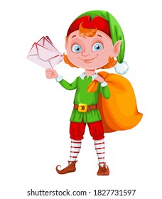 Cute Christmas elf cartoon character holding letters and sack with presents. Merry Christmas and Happy New Year. Vector illustration on white background