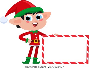 Cute Christmas Elf Cartoon Character Holding A Blank Sign. Vector Illustration Flat Design Isolated On Transparent Background