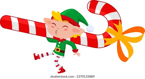 Cute Christmas Elf Cartoon Character Walking With Big Candy Cane Gift. Vector Illustration Flat Design Isolated On Transparent Background