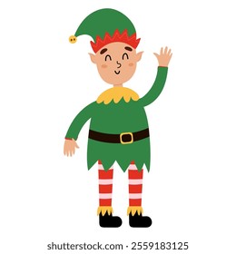 Cute Christmas elf in cartoon style isolated on white background. Santa’s Little Helper character for kids design. Vector illustration