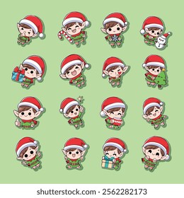 Cute Christmas Elf cartoon vector sticker bundle