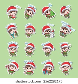 Cute Christmas Elf cartoon vector sticker bundle