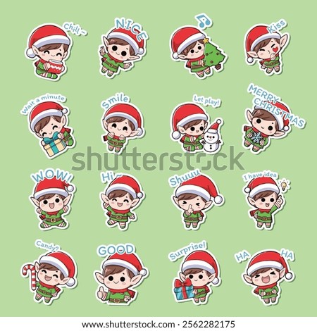 Cute Christmas Elf cartoon vector sticker bundle
