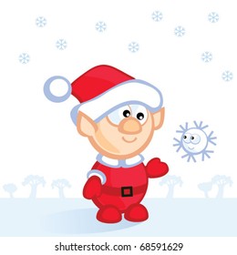 Cute Christmas elf catches a fun snowflake. Comics. Isolated. Background.
