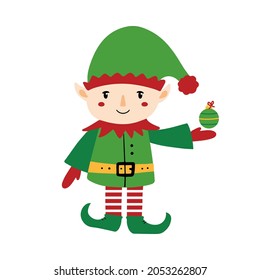 Cute christmas elf character in green costume holding Christmas ornament in hand vector cartoon style illustration.