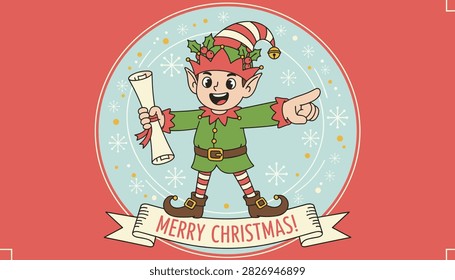Cute Christmas elf character holding a list scroll points outward inside a festive circular frame on a red backdrop.