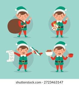 Cute Christmas elf characters doing holiday tasks. Perfect for festive designs, greeting cards, and seasonal merchandise. Adorable and bright illustration. Flat cartoon style.