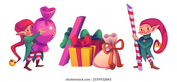 Cute Christmas elf characters with wrapped presents - smiling helper in green coat carrying big pink candy, colorful boxes with ribbons and bows, dwarf in pointed hat holding striped caramel cane.