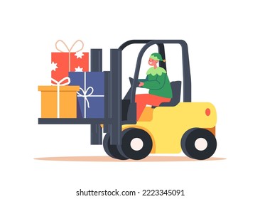 Cute Christmas Elf Driving Forklift with Pile of Gift Boxes Santa Claus Helper In Green Costume Prepare Presents for New Year And Merry Xmas Isolated On White Background. Cartoon Vector Illustration