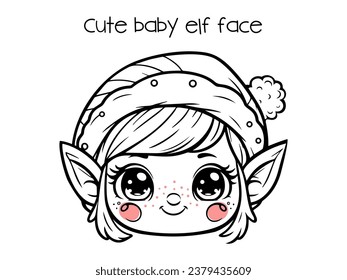 Cute Christmas elf face, Santa's helper, line drawing vector illustration. Outlines.