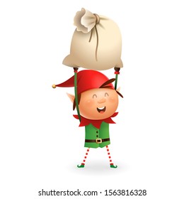 Cute Christmas Elf with gift bag - vector illustration isolated on transparent background