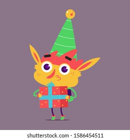 Cute Christmas elf with gift box vector cartoon character isolated on background.