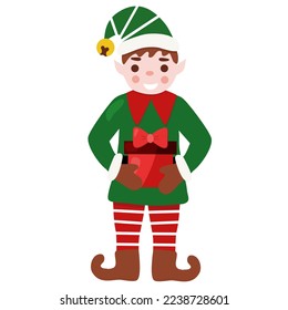 Cute Christmas elf with gift box, winter holidays character, design template element, vector