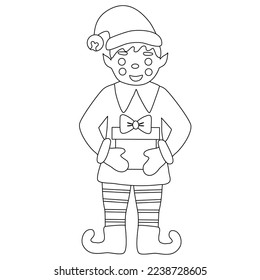 Cute Christmas elf with gift box, doodle style flat vector outline for kids coloring book