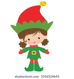 Cute Christmas elf girl with candy cane vector cartoon flat style illustration