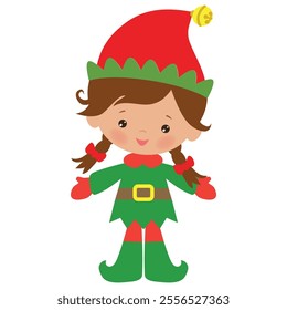 Cute Christmas elf girl with candy cane vector cartoon flat style illustration