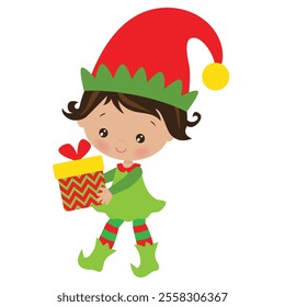 Cute Christmas elf girl holding gift  vector cartoon flat style illustration