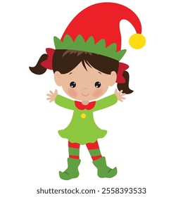 Cute Christmas elf girl holding gift  vector cartoon flat style illustration