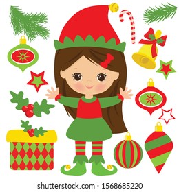 Cute Christmas elf girl vector cartoon illustration