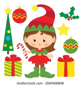 Cute Christmas elf girl vector cartoon illustration