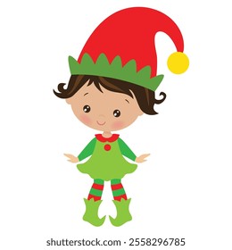 Cute Christmas elf girl  vector cartoon flat style illustration