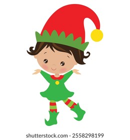 Cute Christmas elf girl  vector cartoon flat style illustration