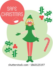 Cute Christmas elf girl wearing medical face mask and saying "Safe Christmas". Covid-19 pandemic Christmas wishes in red speech bubble. Lime green abstract fluid background with candy cane and holly.