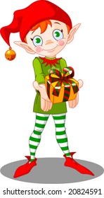 Cute Christmas elf giving gift