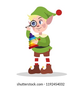 Cute christmas elf in green clothes making toy for xmas present. Checking pyramide. Holiday concept. Isolated flat vector illustration