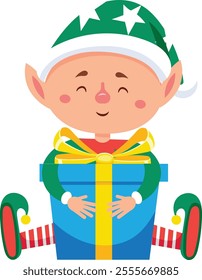 Cute christmas elf with green hat and pointy ears hugging a big blue gift box with yellow ribbon, smiling with closed eyes, expressing joy and happiness