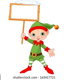 Cute Christmas Elf Holding Empty Wooden Sign